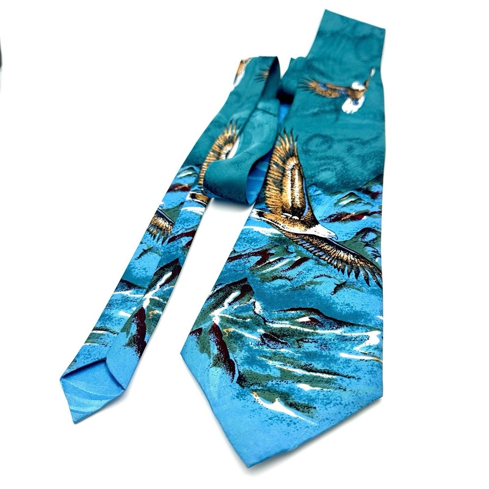 Lorenzini Italy 100% Silk Tie Soaring Eagle & Fish Teal Scenic Mens Tie Classic